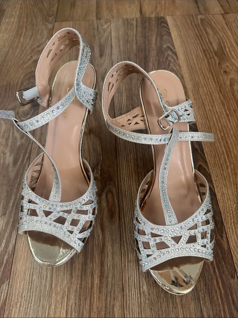Silver Crystal T-Strap Open-Toe Heels
